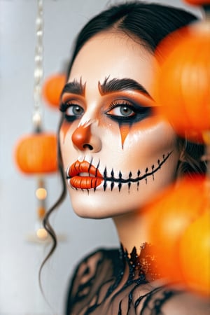 Halloween theme, Halloween makeup, Minimalist close-up of a woman’s face, with abstract and blurred forms highlighting feminine beauty, High-contrast color collision with stunning simplicity, ample white space, and an artful composition, masterpiece quality.