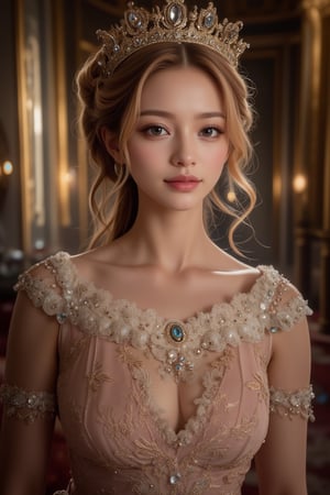 Close-up, a young girl with very beautiful big eyes and long thick eyelashes, 20 years old, resembling Queen Elizabeth I of England. Wearing a crown, full body shot, in a gorgeous queen's dress, standing and dancing gracefully to music, smiling happily in a lavish palace. High quality, 