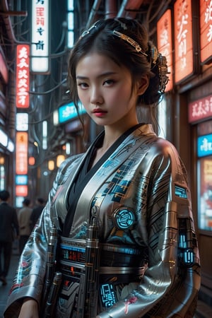 In a cyberpunk fusion with traditional Japanese culture, a young Japanese girl dons a sleek kimono contrasted by a futuristic mechanical arm and intricate piping. The image, likely a digital painting, showcases a blend of old and new elements with a unique twist. The vibrant scene exudes a sense of technological elegance, with neon lights illuminating the girl's stoic expression and the intricate details of her cybernetic enhancements. The high-resolution image captures every intricate detail, from the delicate embroidery on the kimono to the seamless integration of the mechanical arm into the girl's silhouette, creating a visually stunning and thought piece of art.