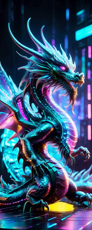 holomashdragon, holographic dragon design, futuristic blend of organic and digital, neon-lit scales, cyberpunk aesthetic, vibrant color palette, translucent and shimmering textures, advanced hologram technology, dynamic and ethereal dragon form, surreal and majestic appearance, by FuturEvoLab, (masterpiece: 2), best quality, ultra highres, original, extremely detailed, perfect lighting, otherworldly ambiance, integrated circuit patterns on dragon, holographic wings, floating in virtual space