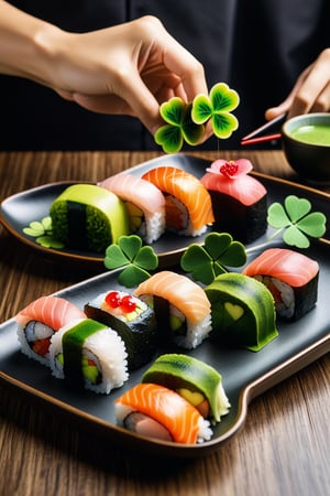 score_9, score_8_up, score_7_up, score_6_up, score_5_up, score_4_up, (Masterpiece, Best Quality:1.5), By Futurevolab, 
Advanced and gorgeous clover sushi cuisine and matcha,