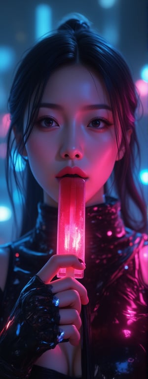 cyberpunk-style movie poster set in a futuristic, neon-lit world. The central focus of the poster is a close-up of a cyberpunk Asian female android, her face a striking blend of human-like features and sleek, metallic components, piercing gaze, looking at viewer. The android's synthetic skin has intricate, glowing circuitry patterns, and her long hair is styled in a modern, sleek cut with subtle highlights that complement the cyberpunk aesthetic, streamline bodysuit, black bodysuit, open mouth, plump lips. The background features a vibrant, neon-soaked cityscape with towering skyscrapers, holographic, and the glow of various neon signs. The atmosphere is filled with a soft mist, adding depth and a sense of immersion to the scene. Glowing digital particles and light trails surround the android, emphasizing the futuristic and dreamlike quality of the poster. The colors are a mix of intense neons— pinks and crimson reds —contrasted against darker shadows, creating a visually stunning and dynamic effect. The overall design should evoke a sense of futuristic mystery, technological evolution, and the convergence of human and machine. (((popsicle deep in mouth, holding popsicle in hand, her lips envelop the popsicle))), natural nails, (blue background), (face view, photo of face)