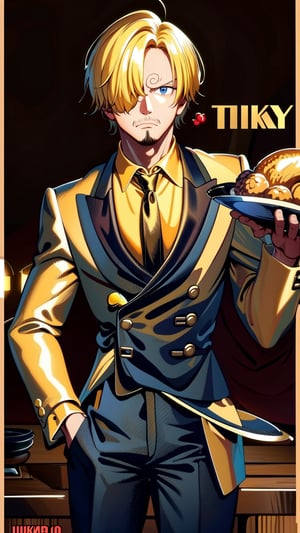 8k, best quality, ultra high res, masterpiece, , sanji2, suit, hair_over_one_eye, yellow hair, eyebrow, black shirts, necktie, Burgundy jacket, facial hair, cowboy shot, cooking, Thanksgiving turkey, roasted turkey, Cyberpunk