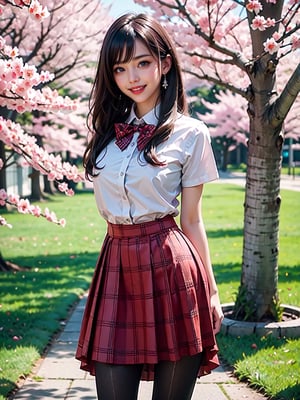 masterpiece, best quality, high res, samphire, long hair, red bowtie, white shirt, short sleeves, plaid skirt, brown skirt, pantyhose, standing, cowboy shot, leaning forward, arms behind back, outdoors, cherry blossoms, smile, open mouth, 