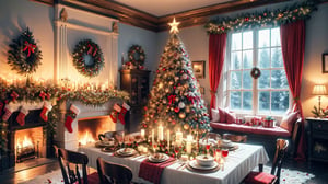 Christmas tea, window overlooking a magical forest, curtains on the window, magic, Christmas background, Mysterious, Mysterious,Christmas Room,Santa Claus