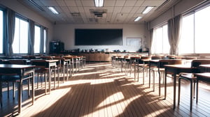 High-resolution, photorealistic image of an empty modern Japanese high school classroom. The perspective is a front-facing view, using a first-person perspective as if someone is lying on the ground looking upwards towards the ceiling. The composition is symmetrical. It is noon on a bright day, with sunlight streaming in from the windows at the side. In the distance, there is a large rectangular black display monitor, Bold design,