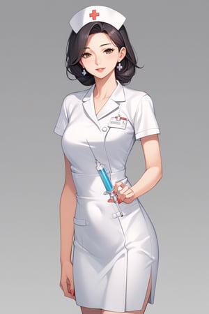 score_9, score_8_up, score_7_up, score_6_up, score_5_up, score_4_up, 
Source_Anime, 
1 girl, mature and beautiful girl, Japanese nurses, nurse suit, Slim figure, syringe, gray gradient background, no background,