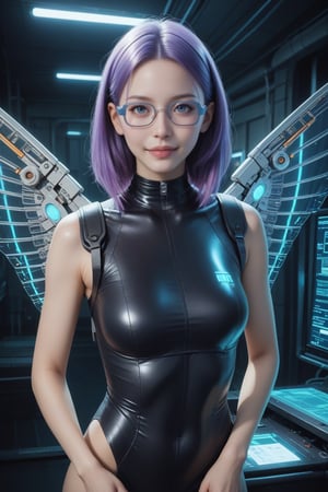 score_9, score_8_up, score_7_up, masterpiece, best quality,
BREAK
realistic,
cyberpunk girl, purple hair, augmented reality glasses, sleek bodysuit, mechanical wings, LED accessories,
mysterious lab background, holographic maps, advanced workstations, surveillance cameras, network hubs, fiber optic cables