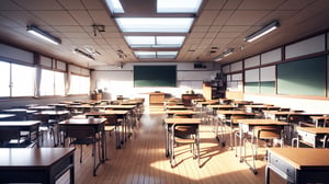 High-resolution, photorealistic image of an empty modern Japanese high school classroom. The perspective is a front-facing view, using a first-person perspective as if someone is lying on the ground looking upwards towards the ceiling. The composition is symmetrical. It is noon on a bright day, with sunlight streaming in from the windows at the side. In the distance, there is a large rectangular black display monitor, Bold design,