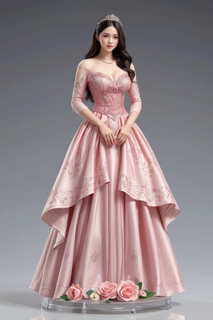 A high-quality anime-style figure of a stunning noblewoman, dressed in an elegant, flowing pink gown with intricate lace and embroidery. The figure features long, wavy black hair cascading down her back, beautifully styled to complement her regal appearance. Her gown is designed with a layered skirt that fans out gracefully, adorned with delicate floral patterns and shimmering gold accents, giving off a sense of royalty and grace. She is posed with her hands gently placed in front of her, exuding both elegance and refinement. The bodice of her dress is fitted, highlighting her graceful figure, while the voluminous skirt flows naturally around her. She stands on a clear, minimalistic base with soft, decorative elements like roses and ribbons, enhancing the overall noble and delicate atmosphere. Her expression is gentle yet poised, and her accessories include a pearl necklace and a tiara, completing the noble, princess-like aesthetic. The overall design captures both beauty and sophistication, blending classic aristocratic fashion with an ethereal charm.
