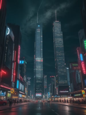 masterpiece, best quality, 4k, 8k, highres, ultra-detailed, A photorealistic futuristic cityscape with towering glass buildings, neon lights, flying cars, glowing signs, bustling streets, under a dark, starry sky