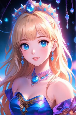 A stunning anime-style image of a solo, very beautiful girl with a himecut hairstyle, long blonde wavy hair, and bangs. She is dressed as a princess in a cute outfit, adorned with ornaments and jewelry, including earrings. Her blue eyes look directly at the viewer, with blush on her cheeks and parted lips. The image is of excellent quality, featuring light particles and water drops, with her eyelashes emphasized. The background is blurry, enhancing the masterpiece effect. 
(masterpiece, best quality:1.3), FuturEvoLabAnime, FuturEvoLabCyberpunk, 