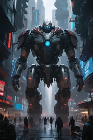 A futuristic cyberpunk warrior robot, massive in size, with a towering presence that dwarfs human figures. The cityscape behind it is a labyrinth of neon-lit skyscrapers and holographic advertisements, with humans scurrying about like ants in comparison. The robot's mechanical limbs and glowing blue optics seem to pierce through the smog-filled air as it stands victorious amidst the urban chaos.,FuturEvoLabNinja,FuturEvoLabMecha,FuturEvoLabGiant