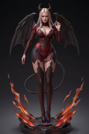 FuturEvoLabFigure, 
A high-quality anime-style figure of a girl dressed as a demonic queen. She wears a black and red body-hugging dress with sharp, jagged edges and a long demon tail curling behind her. Large bat-like wings extend from her back, and her red eyes glow with power. The base features fiery elements, with glowing cracks and demon symbols, adding to her dark, commanding presence.