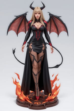 FuturEvoLabFigure, 
A high-quality anime-style figure of a girl dressed as a demonic queen. She wears a black and red body-hugging dress with sharp, jagged edges and a long demon tail curling behind her. Large bat-like wings extend from her back, and her red eyes glow with power. The base features fiery elements, with glowing cracks and demon symbols, adding to her dark, commanding presence.