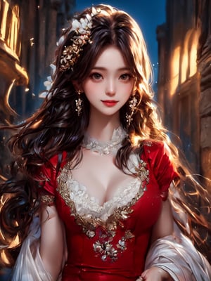 extremely detailed, style girl, long shot, small breast, light white very_long_hair, hair ornaments, beautiful detailed deep eyes, beautifully detailed sky, beautiful detailed cinematic lighting, red dress, Painting, ancient Rome,