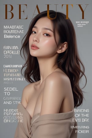 A high-fashion magazine cover featuring a close-up, upper-body shot of a beautiful Japanese female model with an enhanced bust size, confidently posing with elegance. Her sharp yet graceful facial features are highlighted, and she wears a stylish, modern outfit that accentuates her figure while maintaining a sophisticated and polished look. The background is a neutral gray with professional, magazine-quality lighting that enhances her photorealistic skin texture.

Across the cover, bold and stylish magazine text is displayed, including the title in elegant font: **"FuturEvoLab Beauty"** at the top. Other headlines include:
- **"Fashion Forward: The Future of Elegance"**
- **"Secrets to Confidence and Style"**
- **"Model of the Year: Embracing Allure and Power"**

The overall composition combines high-end fashion photography with captivating headlines that frame the model’s pose, drawing attention to her beauty and presence. The cover reflects sophistication, confidence, and modern fashion, with the FuturEvoLabBeautify aesthetic enhancing the visual impact.