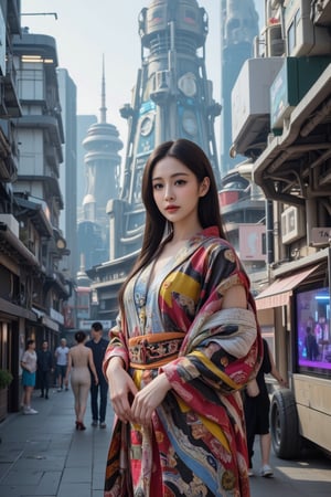 A stunning Japanese beauty stands out on futuristic Kyoto streets, her traditional kimono vibrant against sleek, high-tech architecture with shimmering digital panels and holographic displays. Confidently posing with hands tucked into her sleeves, her long hair flows gently in the soft glow of the afternoon sun. Futuristic, AI-enhanced temples rise gracefully behind her, blending tradition with advanced technology, while street vendors' stalls now feature interactive digital elements, bursting with neon colors. Her elegant figure is framed by this bustling, technologically advanced cityscape.