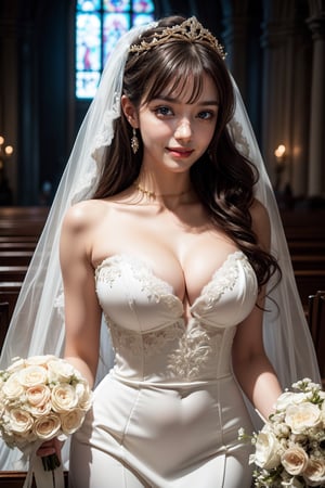 (Masterpiece, top quality, best quality, official art, beauty & aesthetics: 1.2), hdr, high contrast, wide angle lens, 1 girl, solo, long hair, silver hair, bangs, looking at viewer, relaxed expression, pronounced blue eyes, long faded eyebrows, soft makeup, gradient lips, big breasts, hourglass figure, long fingers, belly button, realistic illustration, (soothing tones: 1.3), (super detailed: 1.2), aabelfast, french braid, tiara, bridal veil, earrings, metal collar, gold chain, cleavage, collarbone, bare shoulders, strapless, (sexy lace wedding dress:1.3), white gloves, bridal bouquet, church, standing, cowboy shot, smile, maid headdress