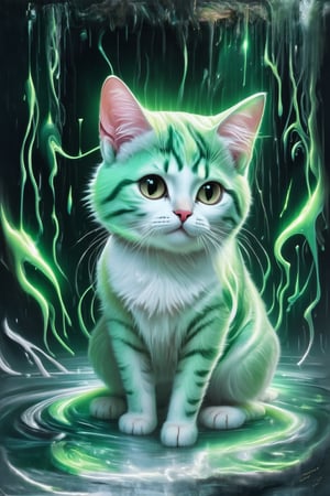 masterpiece, best quality, (Anime:1.4), pastel anime cat, slime, wet look, shimmering lights, whirls of vapor, iridescent textures, translucent scales, soft neon green light, ethereal ambiance, delicate details, magical atmosphere,
