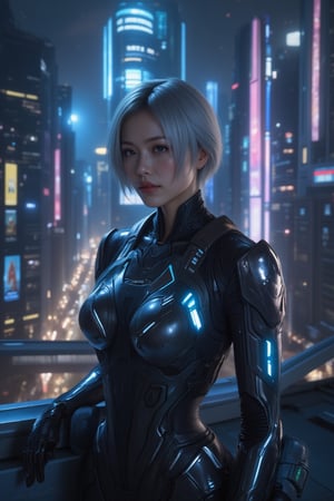 a beautiful Japanese woman, 20 years old, with short silver hair and piercing green eyes, dressed in an advanced mecha suit with metallic armor and neon accents. She is standing on a skyscraper rooftop in a futuristic city at night, with neon lights, flying cars, and towering buildings in the background. The city is alive with glowing billboards and holograms.