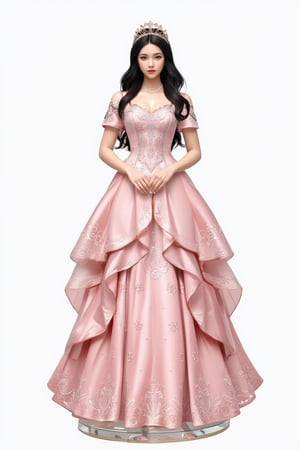 A high-quality anime-style figure of a stunning noblewoman, dressed in an elegant, flowing pink gown with intricate lace and embroidery. The figure features long, wavy black hair cascading down her back, beautifully styled to complement her regal appearance. Her gown is designed with a layered skirt that fans out gracefully, adorned with delicate floral patterns and shimmering gold accents, giving off a sense of royalty and grace. She is posed with her hands gently placed in front of her, exuding both elegance and refinement. The bodice of her dress is fitted, highlighting her graceful figure, while the voluminous skirt flows naturally around her. She stands on a clear, minimalistic base with soft, decorative elements like roses and ribbons, enhancing the overall noble and delicate atmosphere. Her expression is gentle yet poised, and her accessories include a pearl necklace and a tiara, completing the noble, princess-like aesthetic. The overall design captures both beauty and sophistication, blending classic aristocratic fashion with an ethereal charm.
