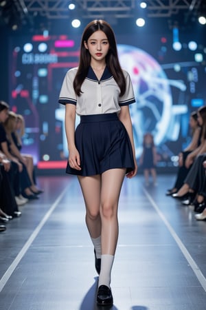 An 18-year-old girl, dressed in a traditional Japanese school sailor uniform with white socks and black schoolgirl loafers, walks confidently on a futuristic runway, lit by digital spotlights. Her eyes are focused straight ahead, filled with passion and drive to achieve stardom, and a soft smile graces her face, adding a touch of warmth and optimism. Around her, holographic visuals of AI technology shimmer, symbolizing the modern world where her talent will shine. Full-body, capturing her strong posture, the energy of her smile, the white socks, and black shoes, and the vibrant world of AI advancements.