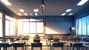 High-resolution, photorealistic image of an empty modern Japanese high school classroom. The perspective is a front-facing view, using a first-person perspective as if someone is lying on the ground looking upwards towards the ceiling. The composition is symmetrical. It is noon on a bright day, with sunlight streaming in from the windows at the side. In the distance, there is a large rectangular black display monitor, Bold design,