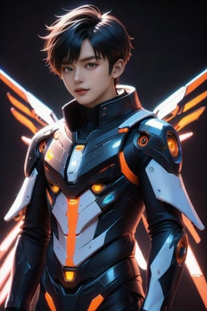 masterpiece, best quality, anime, anime style, 1boy, solo, looking at viewer, black hair, standing, cowboy shot, black background, FuturEvoLabMecha, FuturEvoLabCyberpunk, FuturEvoLabCity, FuturEvoLabBoy, FuturEvoLabAnime:1.2, 