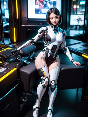 (masterpiece, high quality:1.5), (8K, HDR, ultra-detailed), 
1girl, beautiful girl, full body, looking at viewer, cyberpunk girl, futuristic girl, futuristic outfit, bodysuit, robotic limbs, mechanical arms, lying, short hair, FuturEvoLabCyberpunk, FuturEvoLabGirl, FuturEvoLabMecha, FuturEvoLab