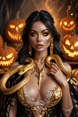 FuturEvoLabFigure, 
Halloween-themed close-up portrait of a Western woman with tan skin, dark long hair, piercing golden eyes; surreal and alluring look, golden snake draped over her shoulders; Halloween-inspired makeup with gold leaf and dark accents, luxurious gold earrings and necklace; mystical lighting, subtle shadows, smoky Halloween background, ultra-detailed.