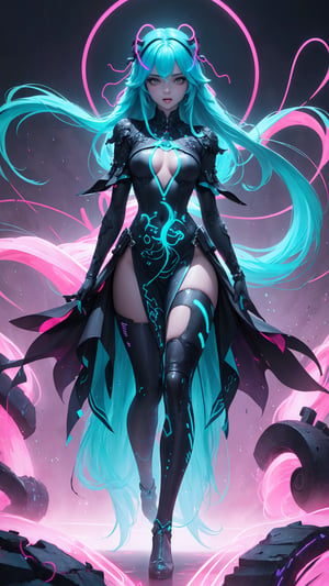 (masterpiece, best quality, fantasy, absurdres, concept art, 2.5D style), medium shot, womans hair is made from thin multicolored neon tendrils:1.5), (long thin multicolored neon string hair is flowing down her body), her hair made of thin multicolored neon tendrils is conforming to and covering her body forming a dress, neon fibers:1, cables of neon strings, cables and tech, intricate and detailed tech gear, chaos, mind blowing, beautiful detailed glow, neon tendrils, flowing, multicolored neon strings swirling around the character:1.47, intricate:1.2, detailed light:1.2, dim lit, muted color, teal and blue, hi-contrast, mid-saturation, high-res CG, dynamic angle