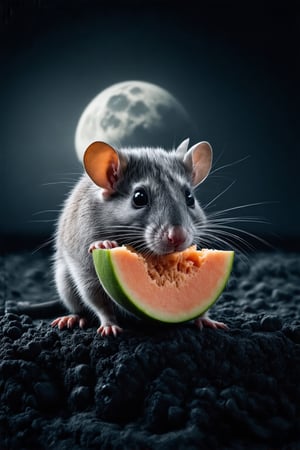 A serene, dreamlike portrait of a rat, its grey and white fur illuminated by the soft, lunar glow, as it delicately takes a bite of a ripe, juicy melon, its vibrant green rind and succulent flesh a stark contrast to the stark, desolate moon surface, with the distant, cratered horizon blurred into a soft focus, while the rat's beady, black eyes shine with a sense of contentment, its whiskers twitching slightly as it savors the sweet treat, the image captured in a warm, film-inspired tone, with a shallow depth of field, and a subtle, painterly texture, evoking a sense of wonder and enchantment.
FuturEvoLabWings, FuturEvoLabStyle,