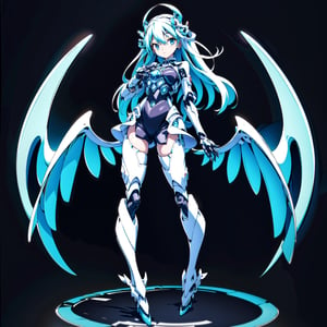 1girl, Q-version, 2-head-tall, full-body, standing front view, symmetrical, cute lolita style, cyberpunk robot, angel wings made of stylus pens from various drawing tablets, blue and white color scheme, tech accessories, vector art, Leonardo Style, center image, cute, chibi, pure black background, (4k, ultra high detail), clean image, clean vector, tshirt design, ornament,3DMM