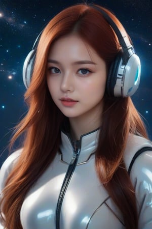 masterpiece, best quality, photorealistic, 1girl, solo, long flowing hair, deep red hair, looking at viewer, upper body, Starry Sky Background, minimal background, natural light, soft shadows, serene expression, detailed skin, soft features, cosmic setup, classic portrait style, high clarity, simple background, cinematic lighting, wearing a futuristic spacesuit with glowing details and advanced communication headset, ethereal and adventurous
