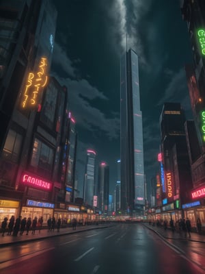 masterpiece, best quality, 4k, 8k, highres, ultra-detailed, A photorealistic futuristic cityscape with towering glass buildings, neon lights, flying cars, glowing signs, bustling streets, under a dark, starry sky