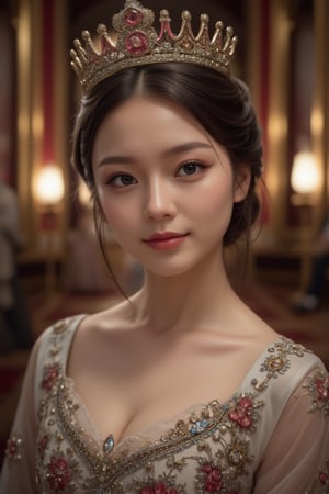 Close-up, a young girl with very beautiful big eyes and long thick eyelashes, 20 years old, resembling Queen Elizabeth I of England. Wearing a crown, full body shot, in a gorgeous queen's dress, standing and dancing gracefully to music, smiling happily in a lavish palace. High quality, 