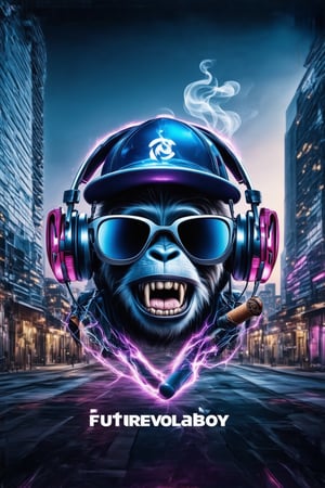 A stunning illustration of "The Hangout" logo, featuring a mischievous monkey wearing a trendy ball cap, sleek gaming headphones with a vibrant blue LED glow, cool shades with reflective lenses, and smoking a cigar with a hint of smoke curling up, set against a neon-lit cityscape at dusk, with a blurred background of towering skyscrapers and bustling streets, exuding a playful, sophisticated vibe, with a bold color palette of deep blues, electrifying pinks, and warm yellows, and intricate textures that evoke a sense of luxury and high-end gaming culture.,FuturEvoLabBoy