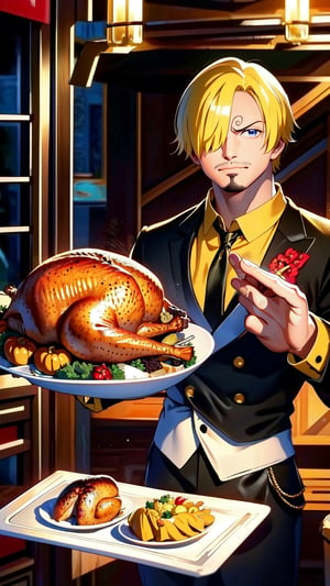 8k, best quality, ultra high res, masterpiece, , sanji2, suit, hair_over_one_eye, yellow hair, eyebrow, black shirts, necktie, Burgundy jacket, facial hair, cowboy shot, cooking, Thanksgiving turkey, roasted turkey, Cyberpunk