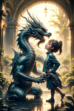 a girl in a garden, illustration, cute baby dragon, fairy tale theme, detailed wings, vibrant colors, soft lighting, high resolution, anime style, depicting a magical interaction, enchanting atmosphere, lush garden setting, playful and whimsical, girl and dragon in a joyful moment, by FuturEvoLab, (masterpiece: 2), best quality, ultra highres, original, extremely detailed, perfect lighting, harmonious color palette,Chinese dragon