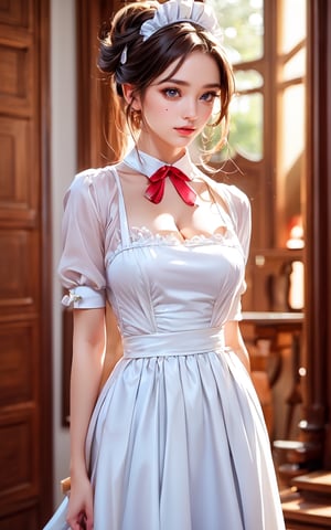 (Masterpiece:1.5), (Best quality:1.5), 8K, 1Girl, Maid, Japanese Maid, Maid uniform, Detailed Uniform, Elegant Posture, Cute Accessories, Clean and Neat, Soft Smile, High Resolution, Vibrant Colors, (Arms behind back), 
