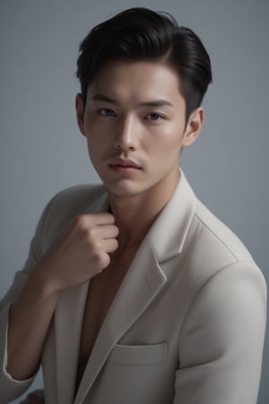 Half-body shot of a handsome Japanese male model, posing with confidence, sharp facial features, stylish outfit, focused on upper body and arms, neutral gray background, professional lighting, photorealistic, detailed skin texture, well-groomed appearance,FuturEvoLabBeautify