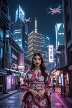 A stunning Japanese beauty stands out on the futuristic Kyoto streets at night, her traditional kimono vibrant against sleek, high-tech architecture with shimmering digital panels and holographic displays. Confidently posing with hands tucked into her sleeves, her long hair flows gently in the cool, neon-lit night air. Above her, futuristic temples glow with bright, neon lights, their structures enhanced with AI technology, blending tradition with a cyberpunk aesthetic. The night sky is filled with futuristic flying vehicles, their lights reflecting off the temple rooftops and casting vibrant, moving patterns onto the street below. Street vendors' stalls feature interactive digital elements, bursting with neon colors that perfectly match the bustling, futuristic vibe of the city. Her elegant figure is framed by this dynamic, technologically advanced, neon-infused cityscape, under the watchful presence of hovering aircraft.
