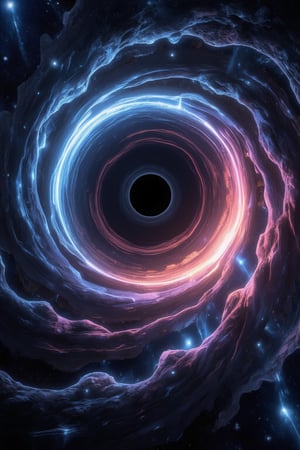 An awe-inspiring cosmic landscape featuring a colossal black hole at the center, pulling entire star systems into its gravitational grip. The black hole's event horizon is an impenetrable void, but around it, light bends and warps, creating an almost ethereal glow. The surrounding stars and nebulae appear to be stretched and distorted, as if time itself is being twisted. Vivid colors of interstellar gas and dust swirl into the accretion disk, which glows in bright shades of blue, pink, and orange. The scene feels both realistic and otherworldly, combining the mysteries of astrophysics with a sense of cosmic beauty and power, FuturEvoLabScene