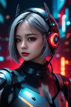 masterpiece, best quality, photorealistic, 1girl, solo, short bob cut, metallic silver hair, looking at viewer, upper body, Dark Urban Background, minimal background, neon red lighting, sharp shadows, intense expression, detailed skin, smooth features, modern setup, classic portrait style, high clarity, simple background, cinematic lighting, wearing sleek cyber samurai armor with glowing accents and integrated visor-headphones, futuristic and imposing
