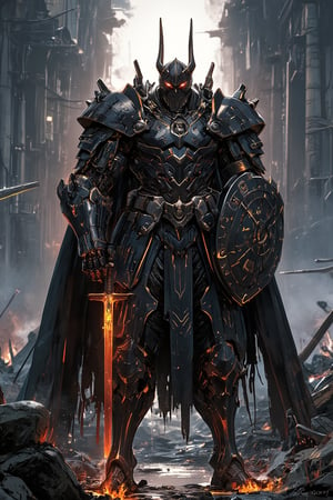 dark fantasy artwork,1man,full armored Viking warrior, standing amidst a desolate battlefield, shrouded in mist and shadow, Clad in intricate armor adorned with ominous runes and battle scars, the Viking exudes an aura of ferocity and resilience, Gripping a massive great Sword in one hand and a shield emblazoned with intimidating sigils in the other, he gazes ahead with grim determination,LegendDarkFantasy,glowing sword,ink style,FuturEvoLabMecha,FuturEvoLabNinja