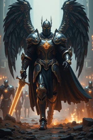 A hyper-realistic image of a tall, sturdy, bulky but sleek holy knight weilding a twohanded great sword raised up with both hands, glowing with royal aura, holy armor is intricately designed. intricately detailed holy wings folded in. running forward as vanguard in front of his royal warrior knights, the ground breaks and bursts at his every step forming an explosive debris of rocks and dirt.,FuturEvoLabScene