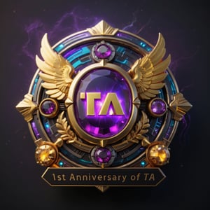 masterpiece, best quality, 
BREAK
A large and exquisite badge with the letter "TA" in the center, and a golden font with a line of letters "1st Anniversary of TA" below, Wings of Dreams, The Radiance of Cosmic Energy, Emitting the energy of lightning, colorful and flashing. 
BREAK
A detailed and ornate badge featuring purple gemstones and gold elements, intricate design, futuristic emblem, cyberpunk aesthetics, high-tech details, luminous accents, advanced technology patterns, symmetrical layout, metallic texture, holographic effects, neon highlights, dark background, vibrant hues, luxurious appearance, high contrast, visually striking, elegant and modern, intricate craftsmanship, FuturEvoLabBadge, FuturEvoLabFlame, FuturEvoLabLightning