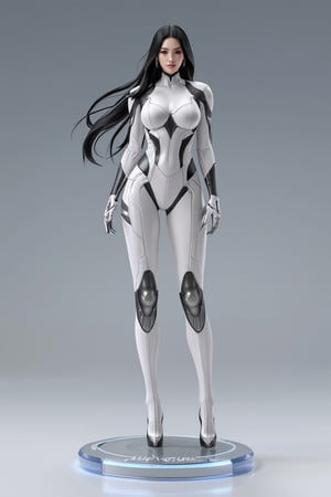 A high-quality anime-style figure of a stunning futuristic mech girl, dressed in sleek, high-tech armor. The figure features long, flowing black hair with a metallic sheen, cascading down her back, and her body is encased in a slim-fitting, glossy white and silver exosuit, highlighting her futuristic appearance. She is posed leaning slightly forward, with her hands resting together, exuding both elegance and power. Her armor is intricately designed, with glowing neon blue lines running across her body, giving off a high-tech, cybernetic vibe. Her legs are clad in form-fitting, armored plating that accentuates her sleek silhouette, with mechanical joints and robotic details visible at the knees and ankles. She stands on a clear, minimalistic base with holographic elements that create a sense of hovering technology. The design includes advanced weaponry subtly integrated into her armor, and her pose and expression blend grace with the strength of a high-tech warrior., FuturEvoLabGiant, 