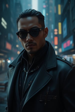 A close-up shot of a man wearing sleek black sunglasses and a long, flowing black leather trench coat, reminiscent of characters from *The Matrix*. His expression is stoic, exuding a sense of mystery and power. The futuristic coat is detailed with subtle metallic accents and cybernetic enhancements visible on his neck and collar. The background features a dark, dystopian city with neon lights reflecting off his sunglasses, digital rain falling, and towering skyscrapers in the distance, evoking a cyberpunk atmosphere. The scene is intense and filled with a futuristic, high-tech vibe, focusing on the man's upper body and head, capturing his presence and confidence.,FuturEvoLabScene,FuturEvoLabNinja